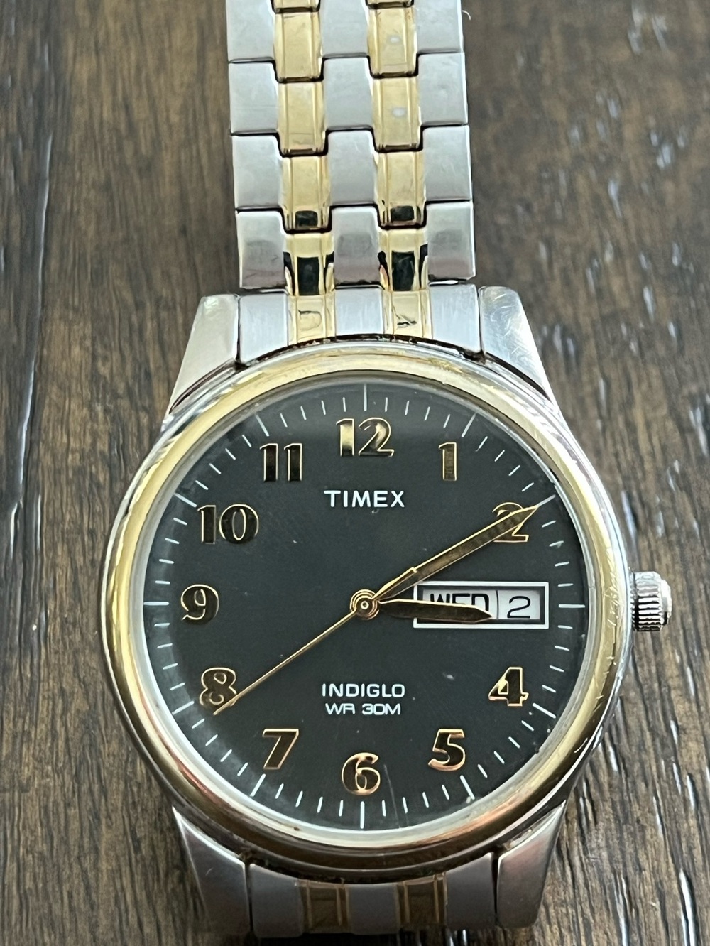 Timex Men’s Indiglo Quartz Two-Tone Flex Bracelet Black Dial Day/Date Watch